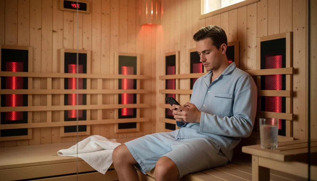 Man relaxing in infrared sauna booth