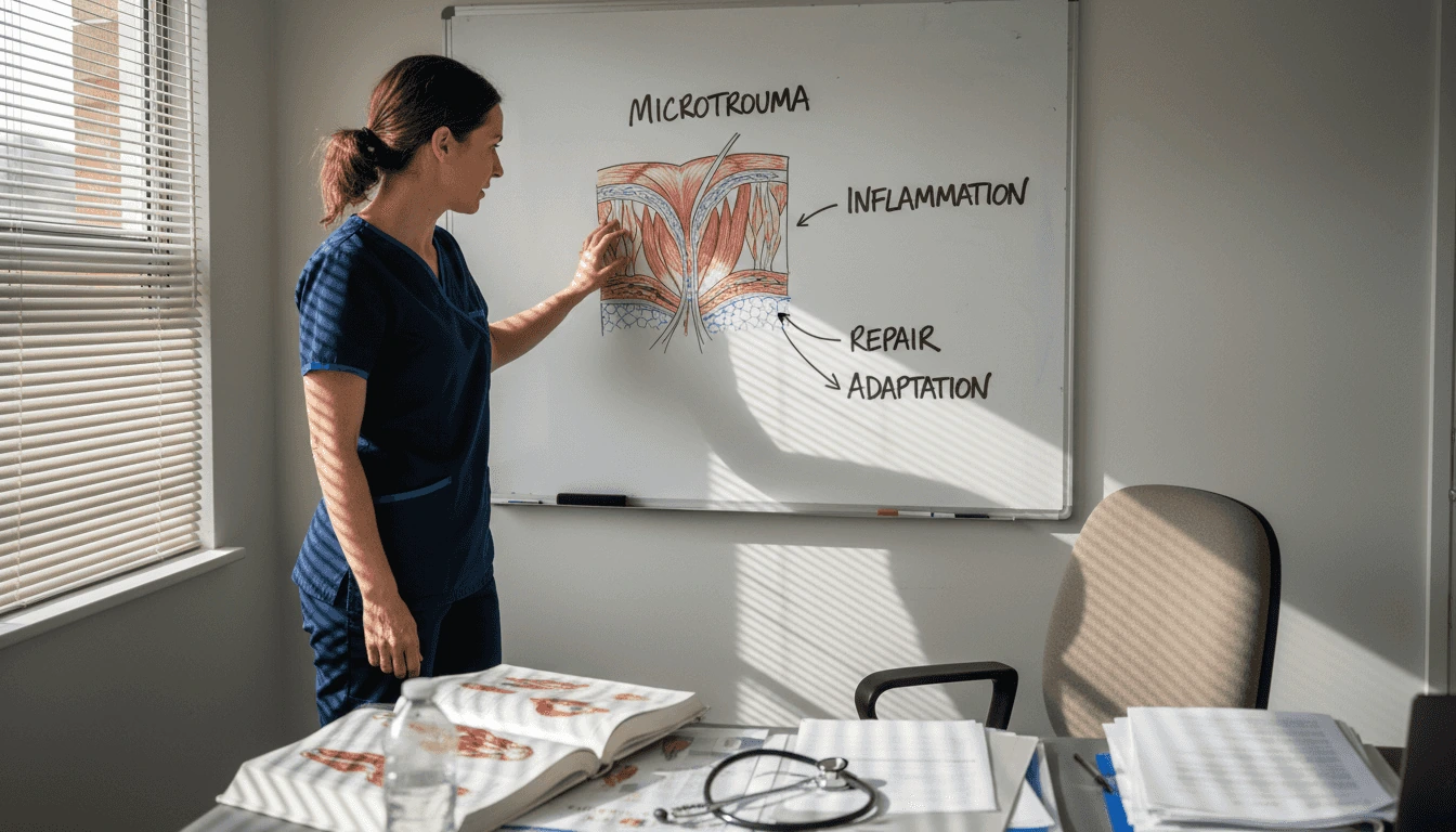 Explaining muscle microtrauma on a whiteboard