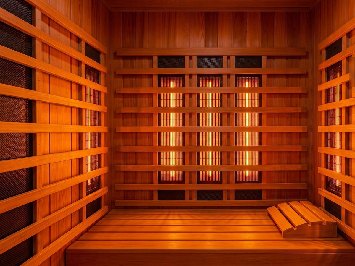Infrared sauna at Float Therapy Wilmslow – cedar cabin interior with glowing infrared heater panels